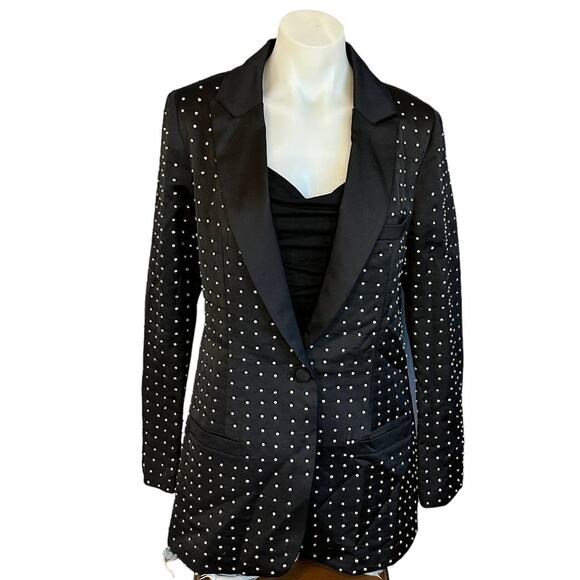 Nasty Gal Collection Black Rhinestone Satin Blazer MEDIUM Studded Cocktail RARE - Picture 2 of 9